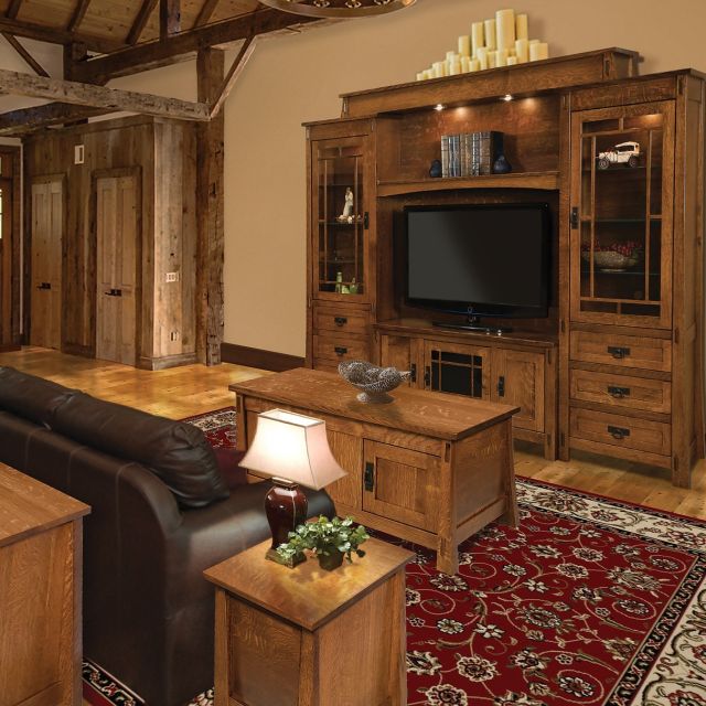 Amish-crafted living room furniture set with sofa, chairs, and solid wood tables
